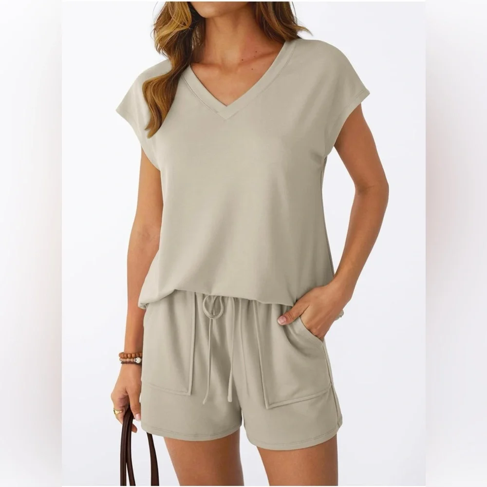 AUTOMET Women 2 Piece V Neck Matching Lounge Sets Clothing Spring Cap Sleeve
